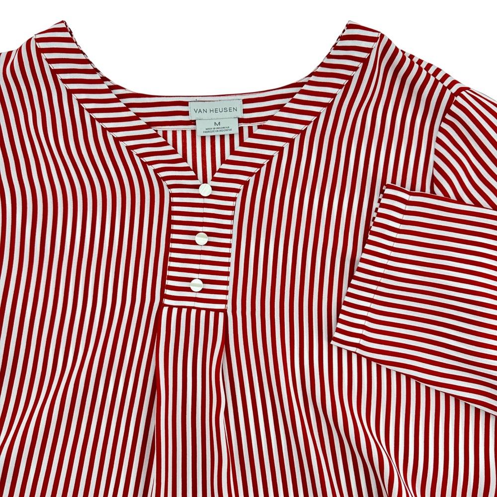 Van Heusen Blouse‎ Womens Medium Red White Striped Excellent 3/4 Sleeve V-Neck